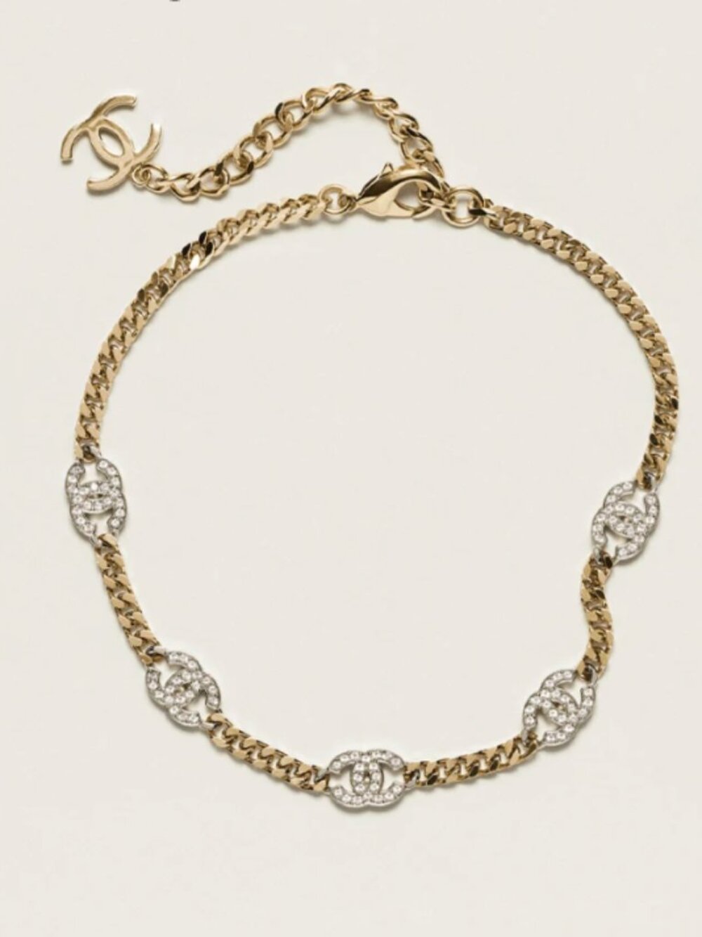 Authentic CHANEL Crystal CC Choker Necklace Gold Silver w/Box AB6444 This Season